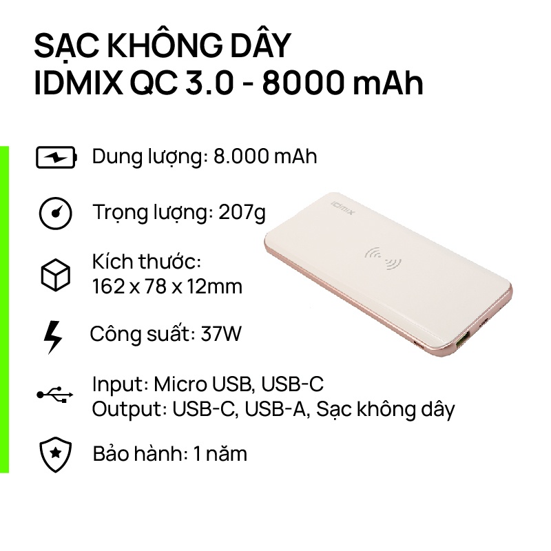 Pin sạc không dây IDMIX QC 3.0 – dung lượng 8.000 mAh, thiết kế mỏng nhẹ, nhiều cổng kết nối, bảo hành 12 tháng