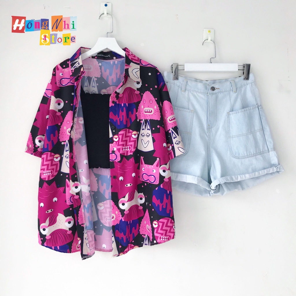 Áo Sơ Mi Hoạ Tiết Hoạt Hình Tay Lỡ Dáng Rộng Ulzzang Unisex, Sơ Mi Đi Biển - MM