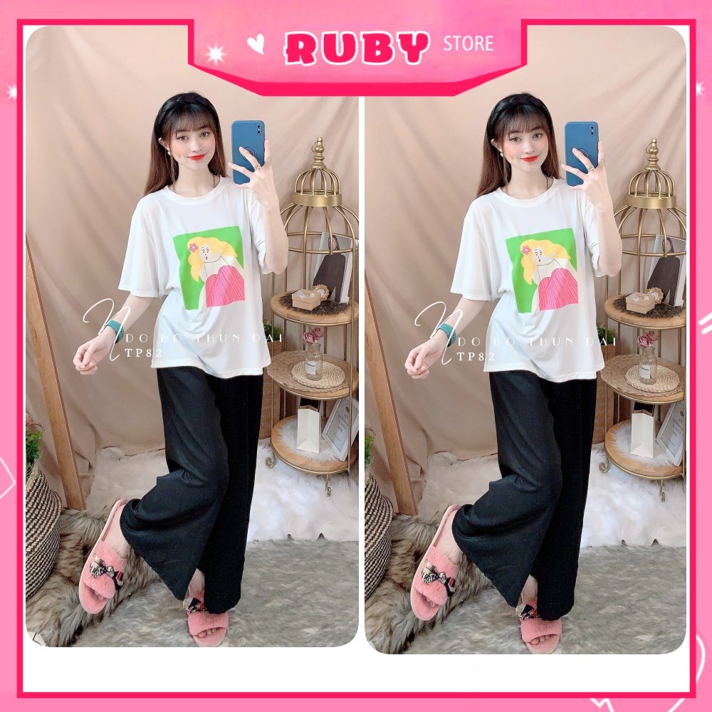 Đồ bộ ống rộng phối sọc kẻ cho nữ chất vải mềm mát lưng thun co giãn in họa tiết hoạt hình dễ thương TP82