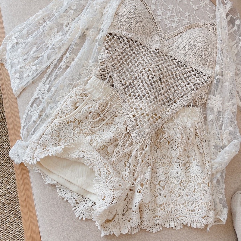 09-Sét đi biển 3 món ( áo khoác, áo bra, quần sóc ren)- có bán rời