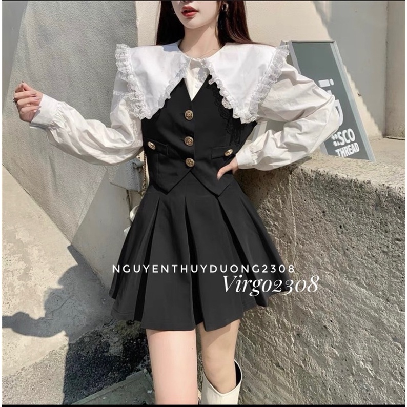 [HÀNG MỚI VỀ]SET ÁO “sơmi ren” MIX GILE+CHÂN VÁY XẾP LI siêu xinh
