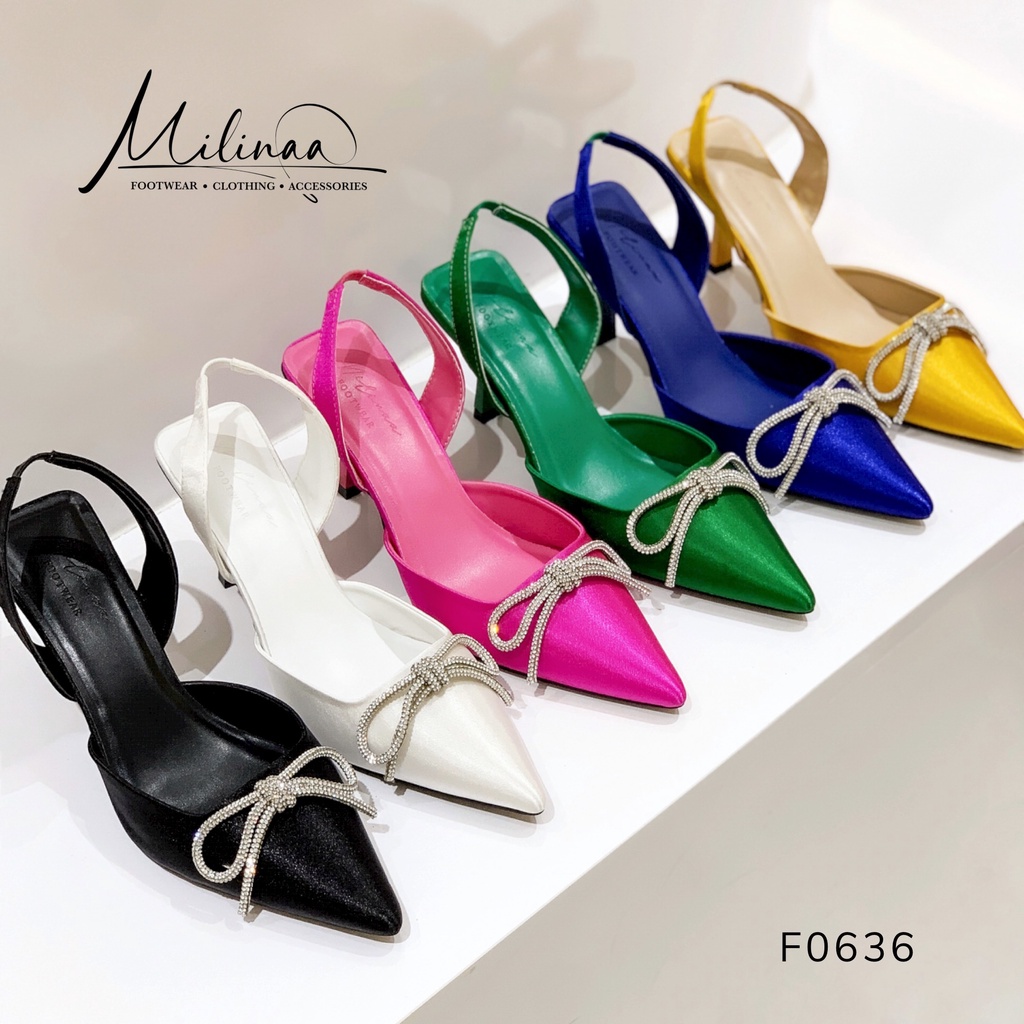 GIÀY CAO GÓT NỮ SLINGBACK GÓT NHỌN 5P BÍT MŨI SATIN PHỐI NƠ XOÀN HỞ GÓT F0636
