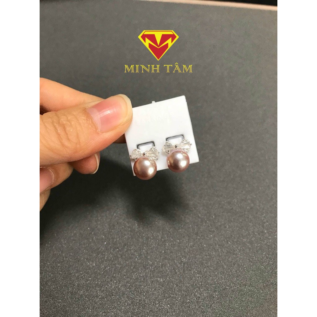 Khuyên tai bạc Trai nuôi tự nhiên nước ngọt, Bông tai bạc nơ Trai nuôi thiên nhiên-Minh Tâm Jewelry