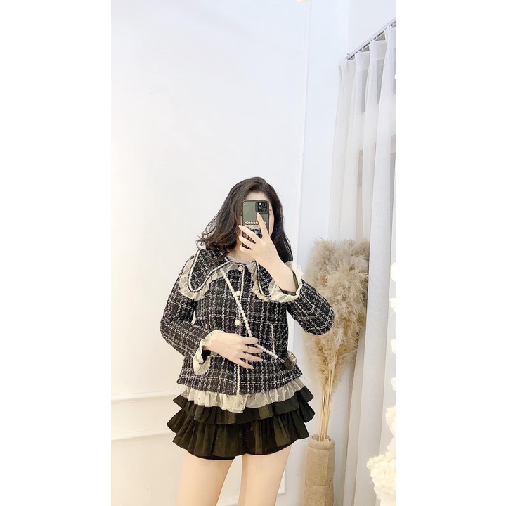 Áo khoác dạ nữ họa tiết caro cổ phối bèo piter sang chảnh Bling Store | BigBuy360 - bigbuy360.vn