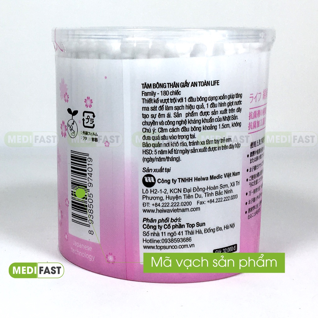 Tăm bông Life từ Nhật Bản - 1 đầu tròn, 1 đầu xoắn - hộp 180c cho cả người lớn và trẻ em