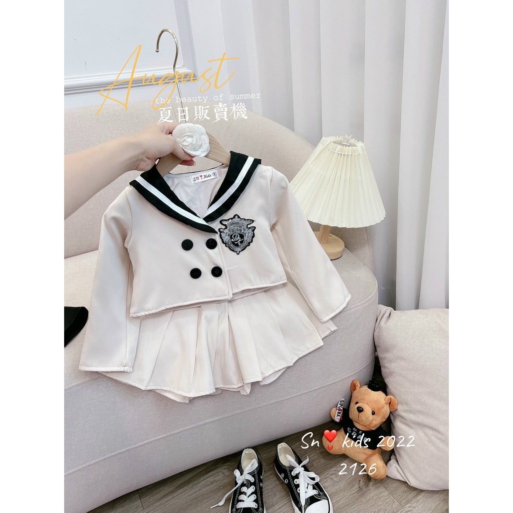 Váy cho bé gái, set áo thủy thủ kèm chân váy xếp ly logo ngực bản to cho bé 12-32kg