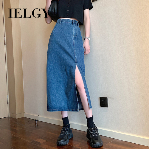 IELGY Chân váy jean dáng chữ A lưng cao thời trang retro cho nữ