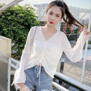 Áo thun form rộng tay dài cổ chữ V với dây buộc