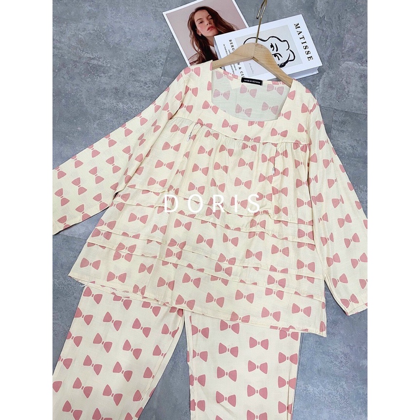 Bộ đồ bầu cổ vuông mặc đi ngủ học tiết hoạt hình, bộ đồ mặc bầu và sau sinh chất Đũi có khoá ngực