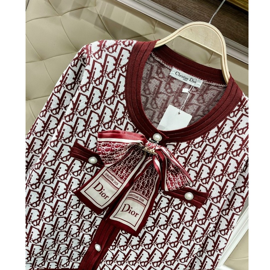 Áo khoác Cardigan họa tiết kèm nơ Quảng Châu cao cấp, Cardigan len dày dặn nút ngọc thương hiệu thời trang D&amp;R L032