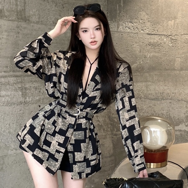 Bộ Áo Khoác Vest Tay Dài In Họa Tiết Caro + Đầm Hai Dây Màu Đen Co Giãn Phong Cách Hàn Quốc Thời Trang Cho Nữ