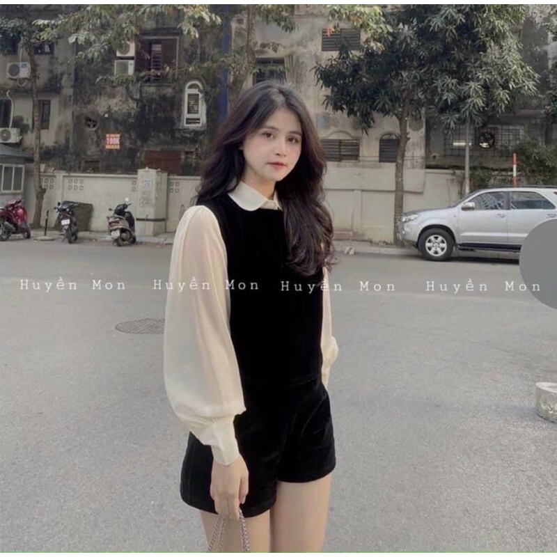 Set áo nhung cổ sơ mi mix quần short - Hàng loại 1