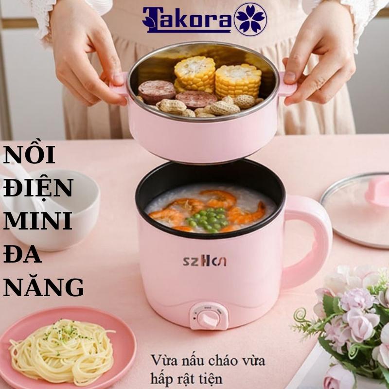 Nồi lẩu điện mini đa năng chống dính 2 tầng 2 nấc nhiệt SZHCN nhỏ gọn tiện lợi dùng ăn lẩu mì chiên xào luộc hấp