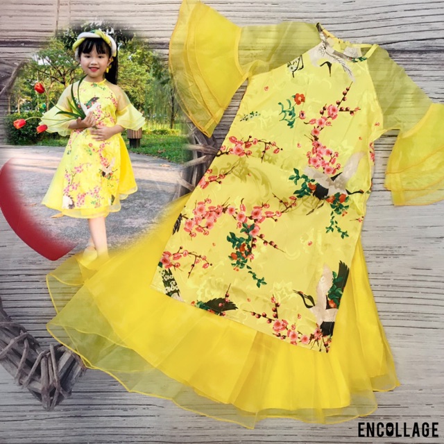 Set áo dài bé gái chất voan kiếng size 12-14kg