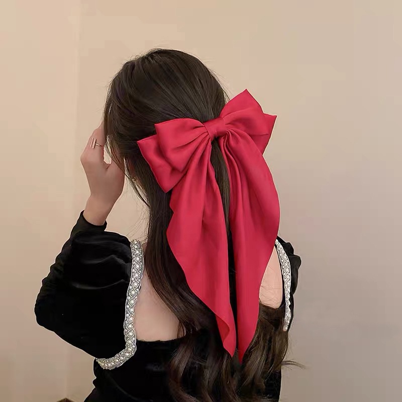 Kẹp Tóc Nơ Dài Bằng Lụa Màu Sắc Trơn Xinh Xắn Dành Cho Nữ