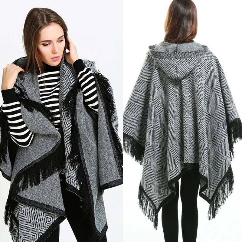 Khăn Choàng Dệt Kim Phối Tua Rua Viền Tua Rua Oversize Giữ Ấm Mùa Đông Phong Cách Vintage Cho Nữ