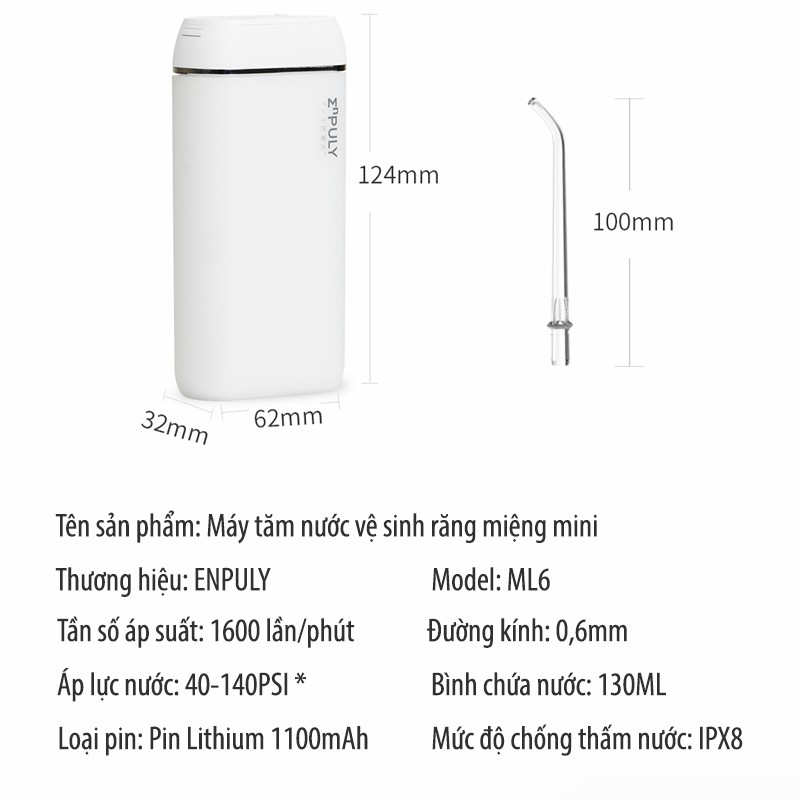 Máy Tăm Nước Xiaomi Mini Enpuly ML6 Không Dây Pin 1100mah Bình Chứa Nước 130ml Dùng Chăm Sóc Răng Miệng VT168