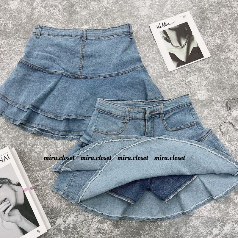 Chân Váy Jean MIRA.CLOSET, Dáng Ngắn Xoè Lưng Cao 2 Tầng C049