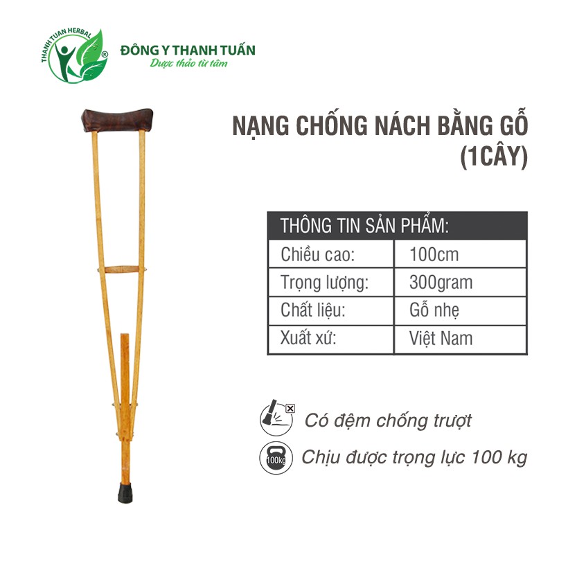 Nạng Chống Nách Bằng Gỗ (1 Cây) – Chăm Sóc Chấn Thương Sau Tai Nạn Hoặc Tai Biến