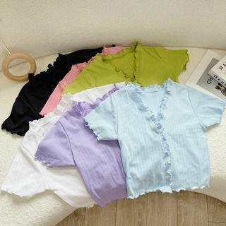 Áo croptop kiểu phối bèo bèo hàng nút chất gân đẹp xinhh