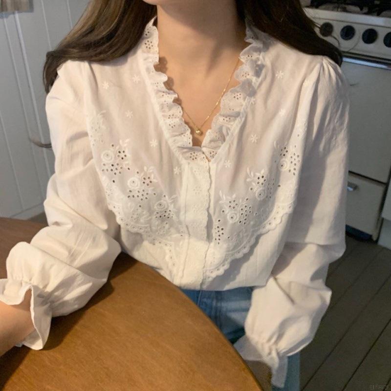 Áo Sơ Mi Retro Tay Dài Cổ Chữ V Màu Trơn Phong Cách Hàn Quốc