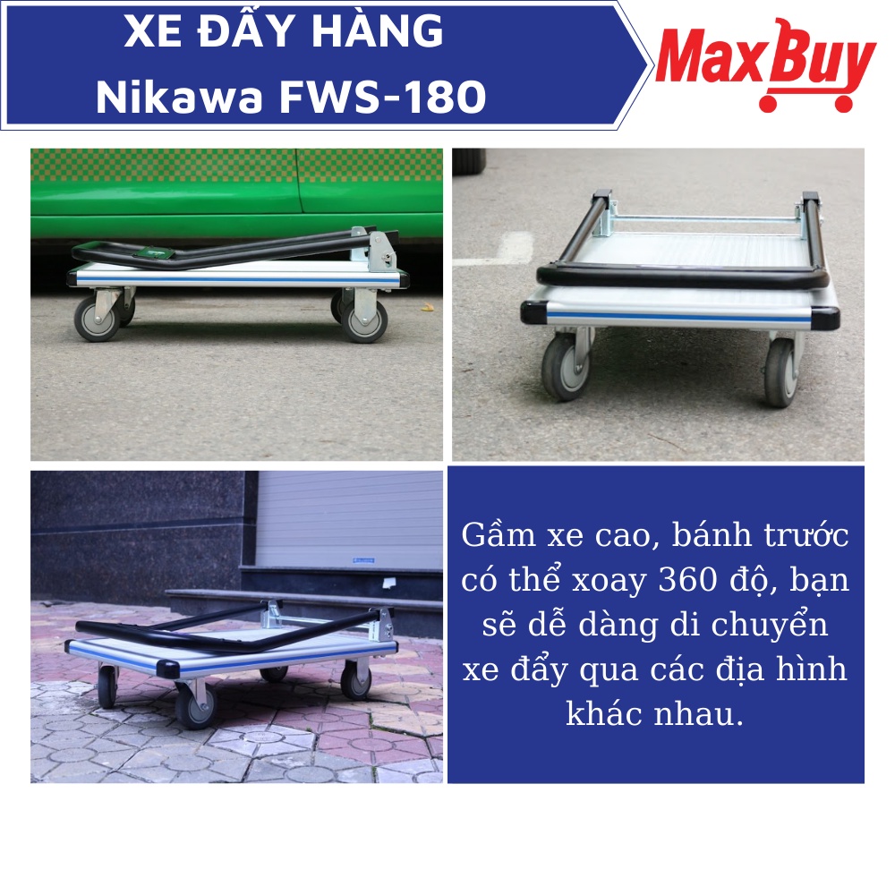 Xe đẩy hàng, xe kéo hàng Nikawa FWS-180, tải trọng 180kg, 4 bánh gấp gọn, sàn nhôm, bảo hành 18 tháng