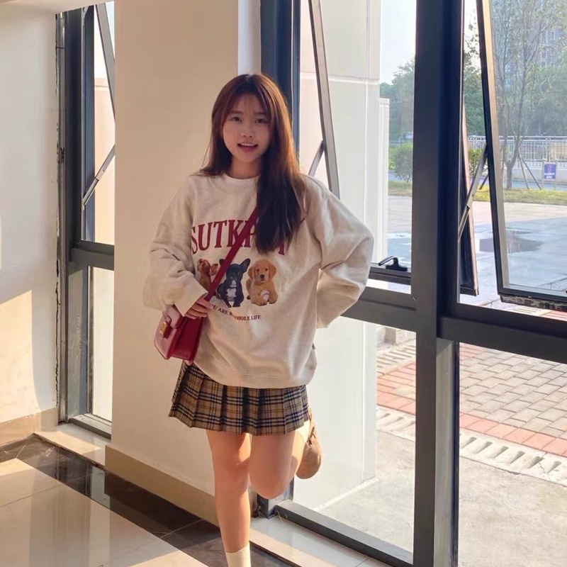 SUXI Áo Nỉ Dài Tay Cổ Tròn Màu Trơn In Chữ Thời Trang Cho Nữ