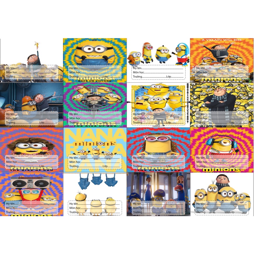 nhãn vở minion NV70 hoạt hình set 16 chiếc có keo dán sẵn