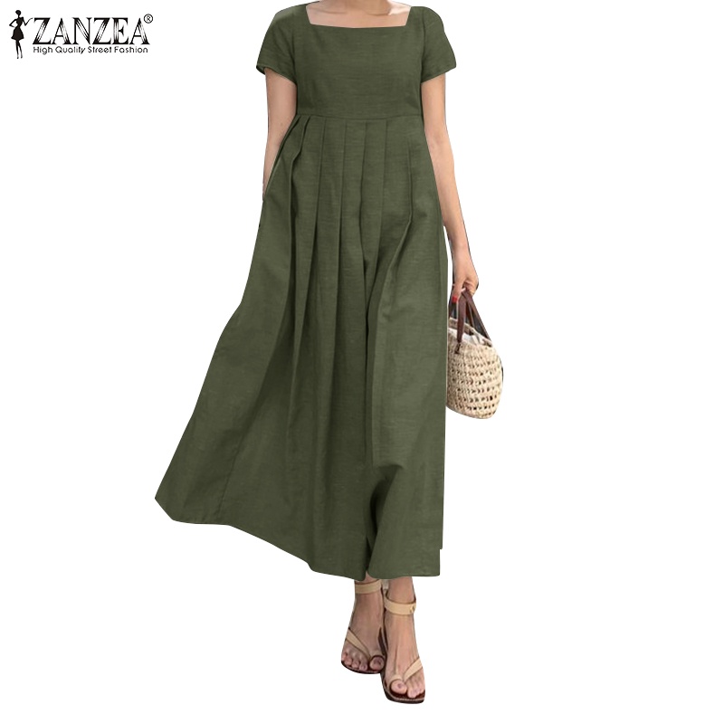 Đầm Zanzea dài tay ngắn cổ vuông dáng rộng phối túi thời trang cho nữ