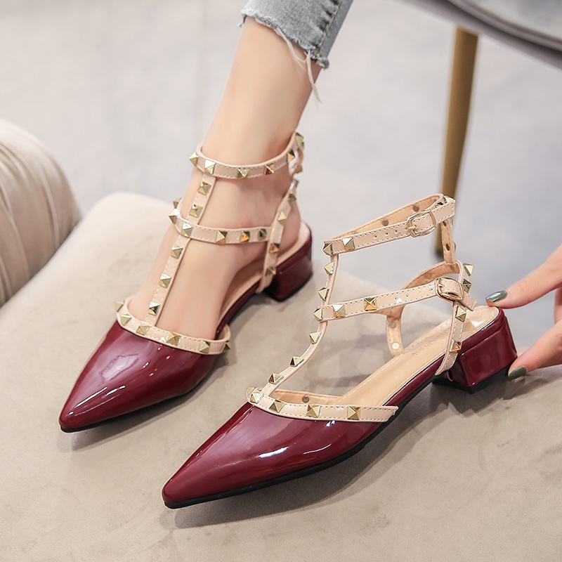 Giày Cao Gót Mũi Nhọn Bằng Da Bóng Đính Đinh Tán Thời Trang Mới Cho Nữ size 34-42