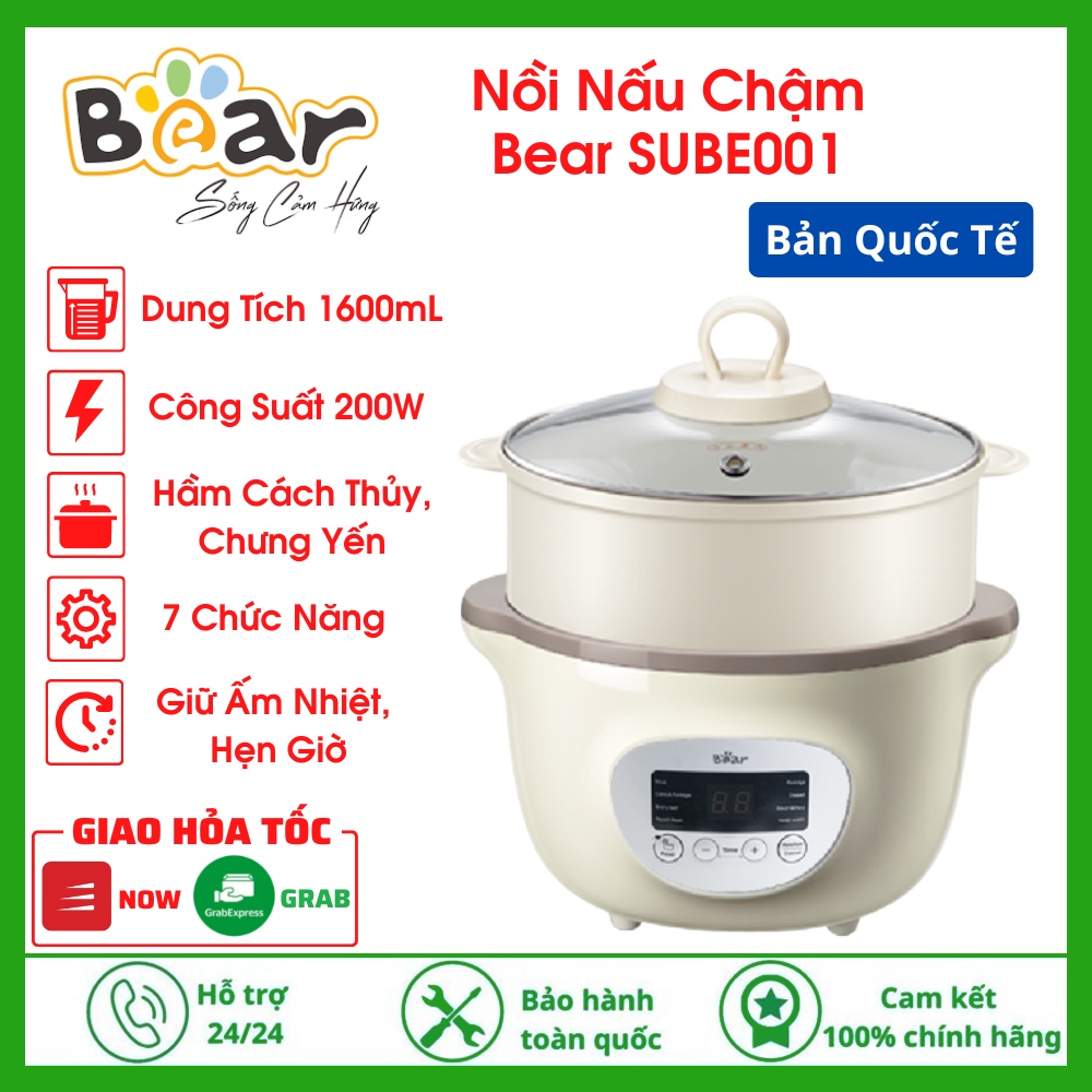 Nồi Nấu Chậm Bear SUBE002 Chính Hãng Dung Tích 1,6L Chưng Yến Điện Cách Thuỷ,Hầm Cháo, Nấu Cháo Chậm Cho Bé, Bản Quốc Tế