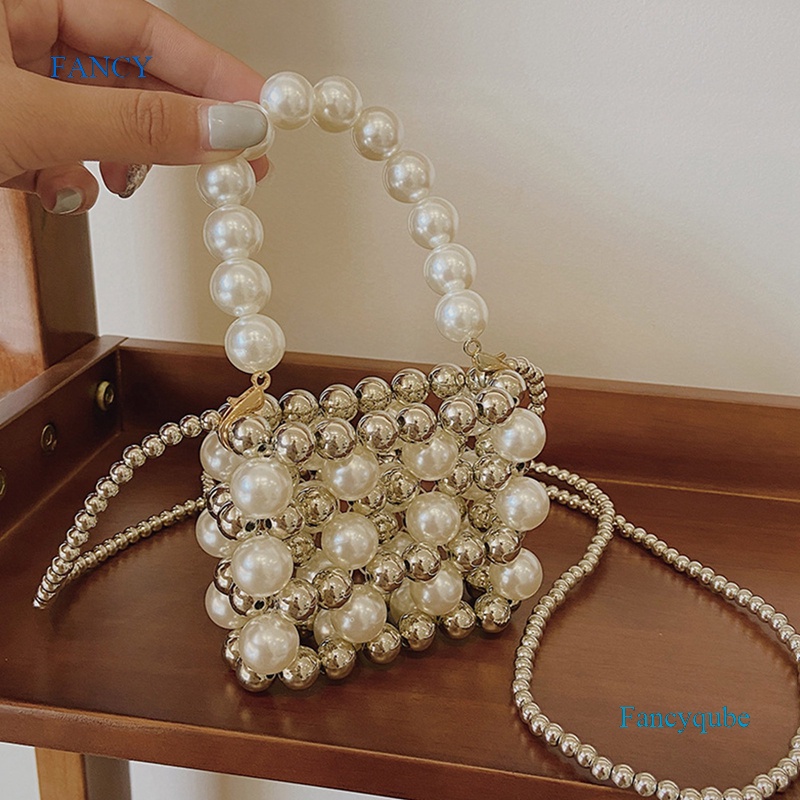 Fancy Túi Đeo Một Bên Vai Đính Hạt Ngọc Trai Màu Bạc Kiểu Retro Thời Trang Nặng