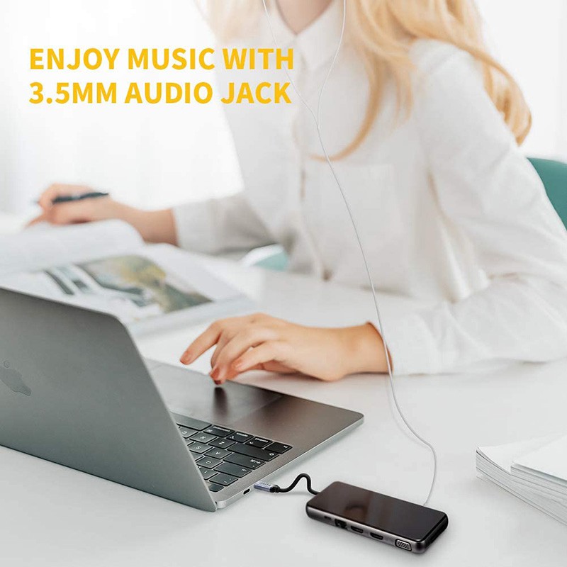 Đế Sạc Chuyển Đổi 12 Trong 1 Type C Sang HDMI 4K VGA RJ45 SD / TF Có Đầu Đọc Thẻ 3.5mm USB 3.0 Cho Màn Hình Gương Mở Rộng