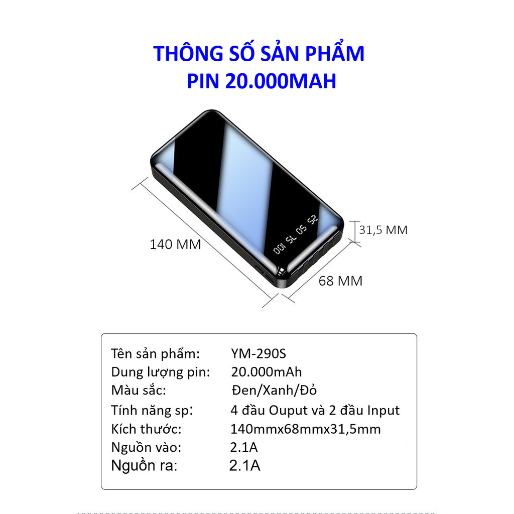 Sạc Dự Phòng 20000mAh cao cấp kèm dây nhỏ gọn giá rẻ sạc nhanh ChiChi PDP02