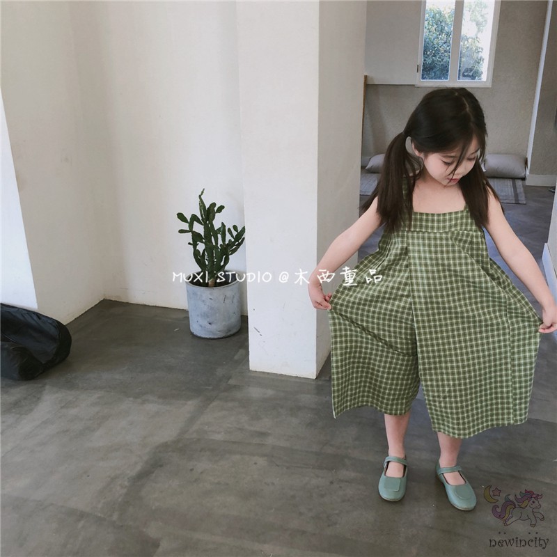 Bộ Áo Liền Quần Họa Tiết Sọc Caro Phong Cách Hàn Quốc Cho Bé Gái