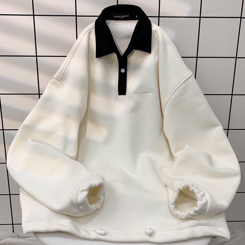 Áo Thun Polo Cổ Bẻ Dài Tay Dáng Rộng Thêu Ngực Dây Rút Nam Nữ Unisex Phối Cổ Sweater