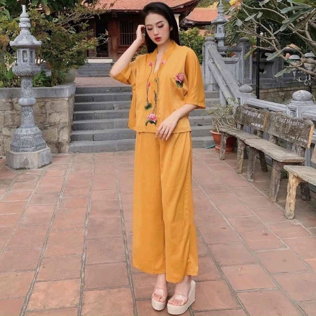 BỘ ĐỒ LAM ĐI CHÙA THÊU HOA SEN