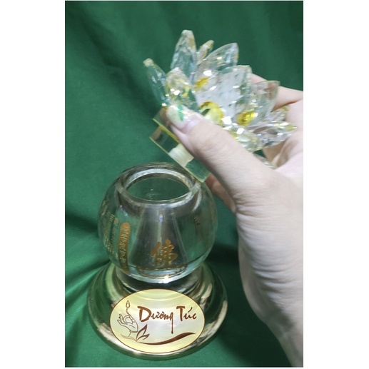 Đèn Dầu Hoa Sen Pha Lê Chân Đồng Khắc Kinh Chú Đại Bi (đặc biệt: đèn gió thổi không tắt)