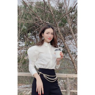 (HÌNH THẬT) Áo Sơ Mi Nữ Lụa Cổ Cách Điệu Voan Kiếng (TRẮNG)