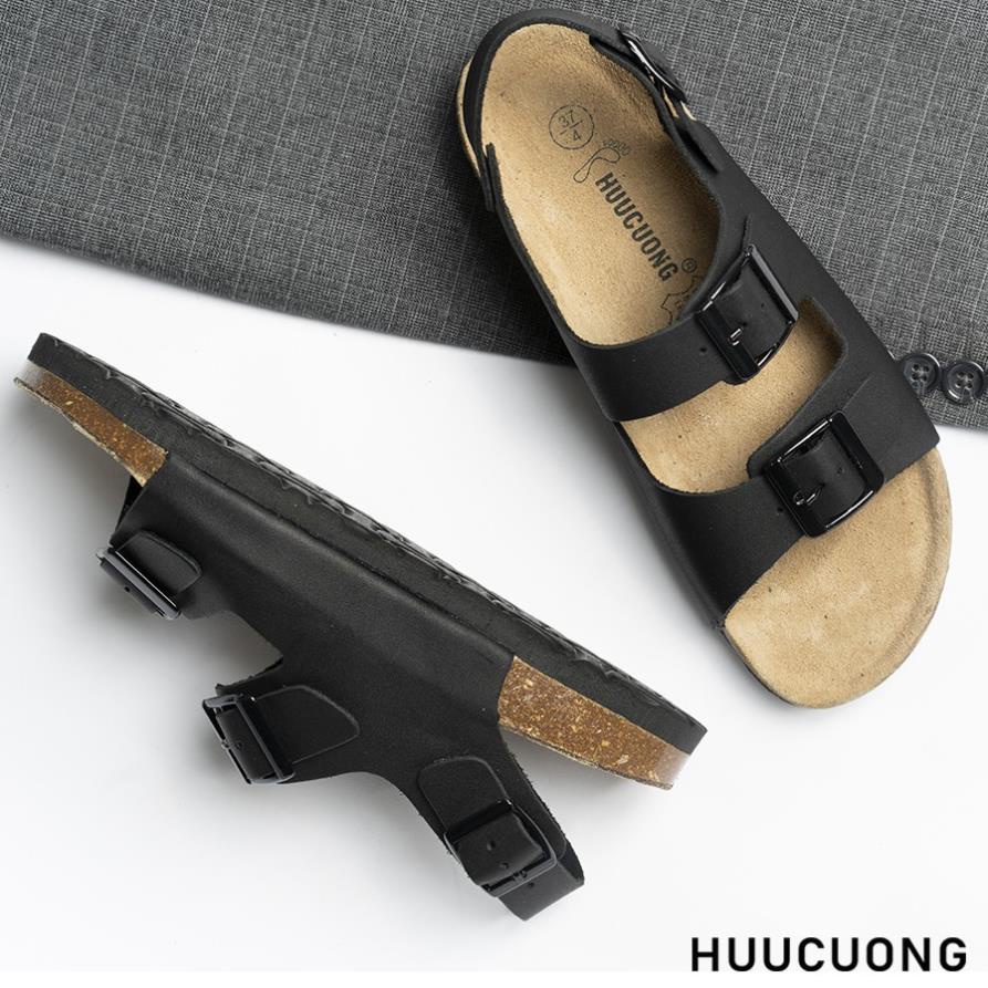 Giày sandal unisex Quai Ngang 2 Khóa HUUCUONG Quai Da Thật Màu Đen Đế Trấu LaT