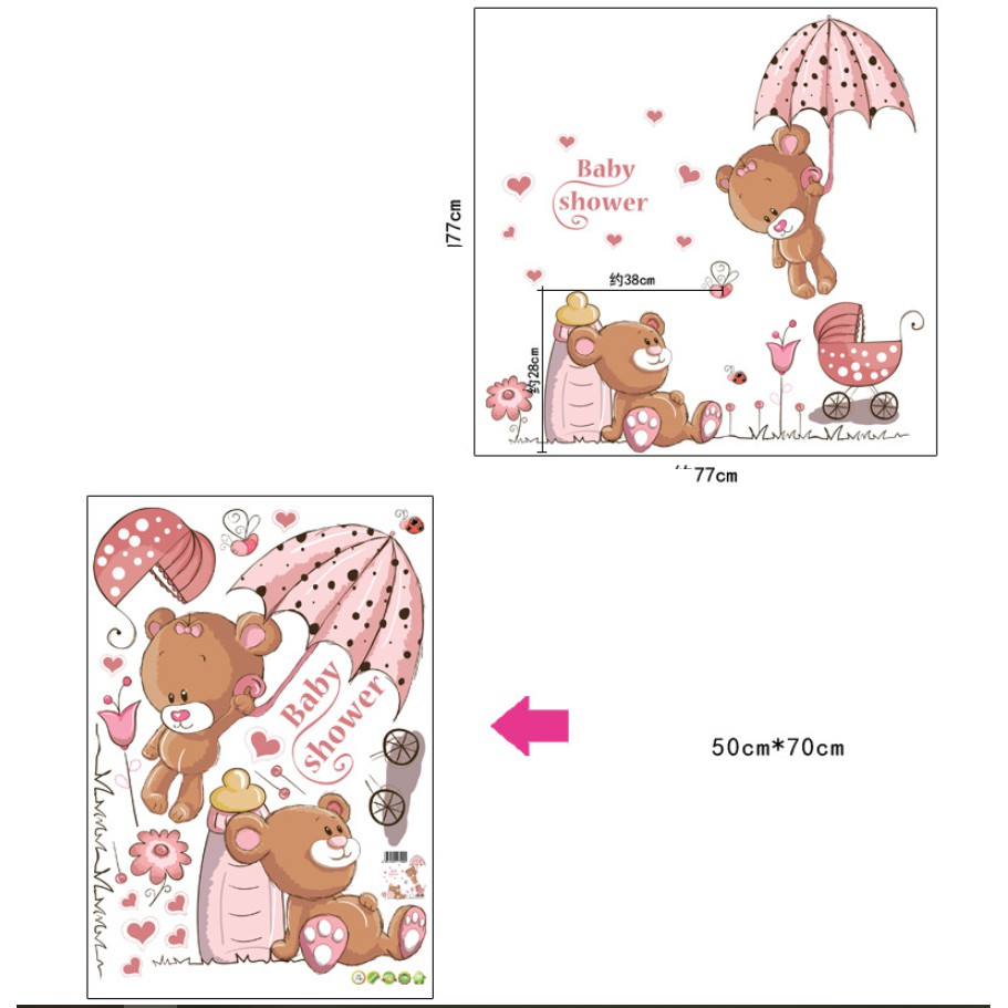 Decal dán tường - Gấu Tedy Hồng nâu dù nhỏ