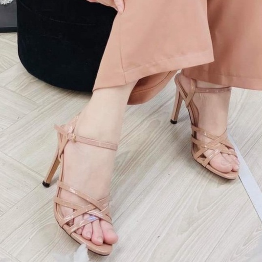 Giày sandal cao gót đan dây quai mảnh gót nhọn 9p da bóng HADU G929