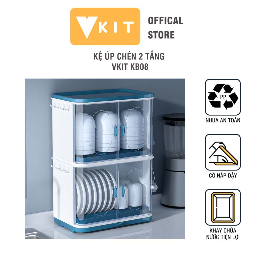 Kệ úp chén có nắp đậy 2 tầng có khay hứng nước VKIT KB08