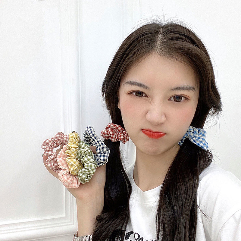 Dây cột tóc đuôi ngựa phong cách Retro kiểu Pháp họa tiết sọc lưới