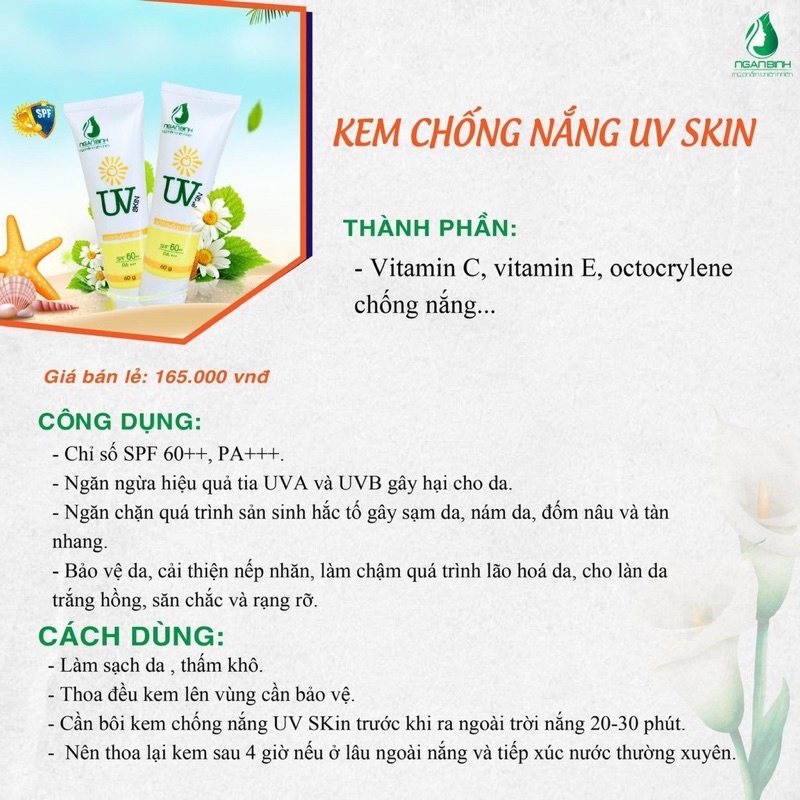 ✅[CHÍNH HÃNG] KEM CHỐNG NẮNG UV SKIN NGÂN BÌNH CHỐNG NẮNG SPF 60++ TRẮNG DA NGĂN NGỪA SẠM NÁM VÀ NHĂN DA