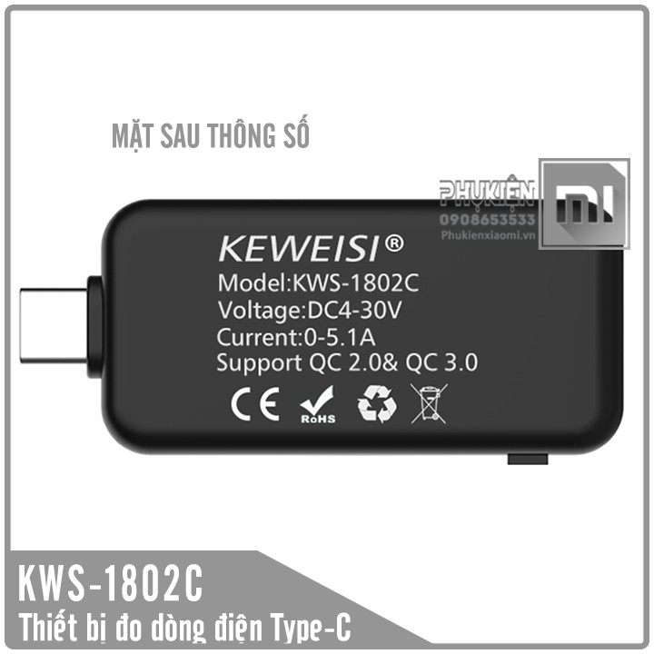 Thiết bị USB test sạc đo nguồn điện KWS-1802C , cõng Type-C đo 4V- 30V / 5.1A Quick Charge 3.0