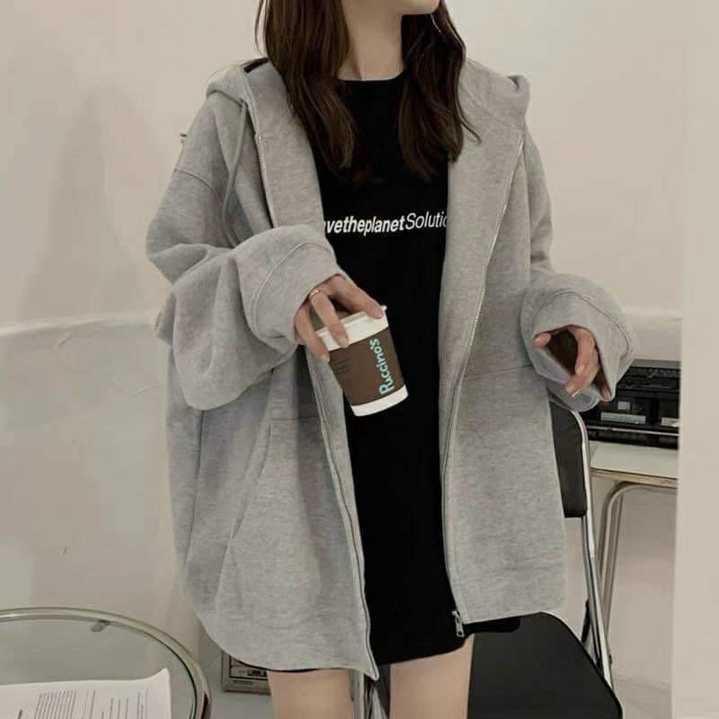 Áo Khoác Hoodie Nỉ Unisex  🌸 Phông thun dài tay bồng khóa kéo có mũ ulzzang màu Xanh | Xám nam nữ HOT 🌸