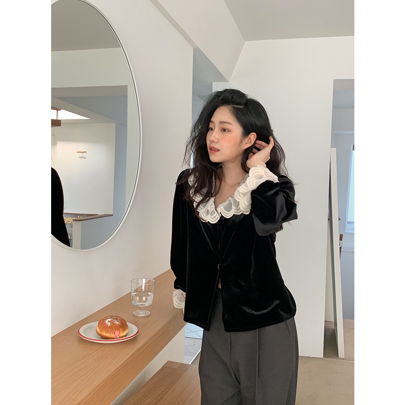 Áo sơ mi nhung SUXI tay dài dáng rộng cổ phối ren thời trang mùa thu phong cách Hàn Quốc