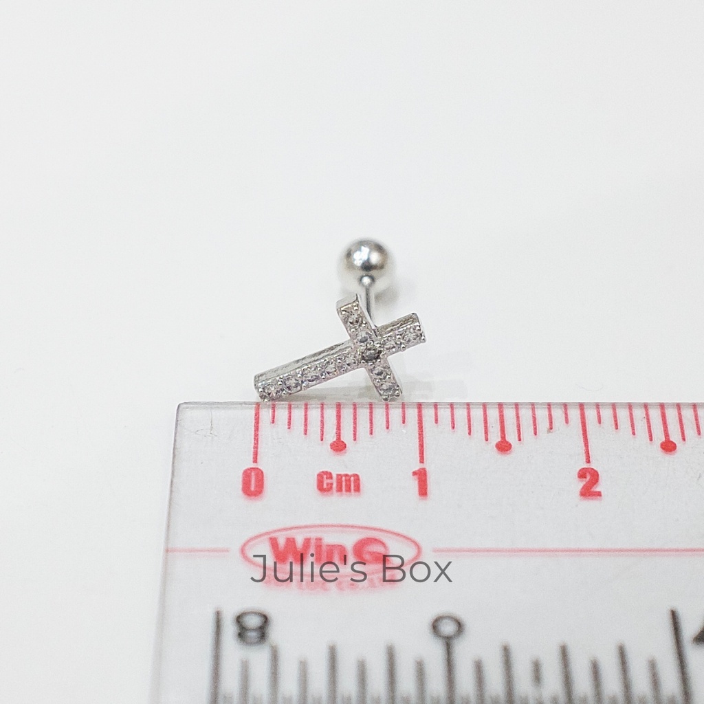 [1 Chiếc] Khuyên Tai Titan Thánh Giá Thẳng Đính Đá Unisex Màu Bạc Đuôi Bi Không Gỉ Sét Không Ngứa Bông Tai Julies Box 66
