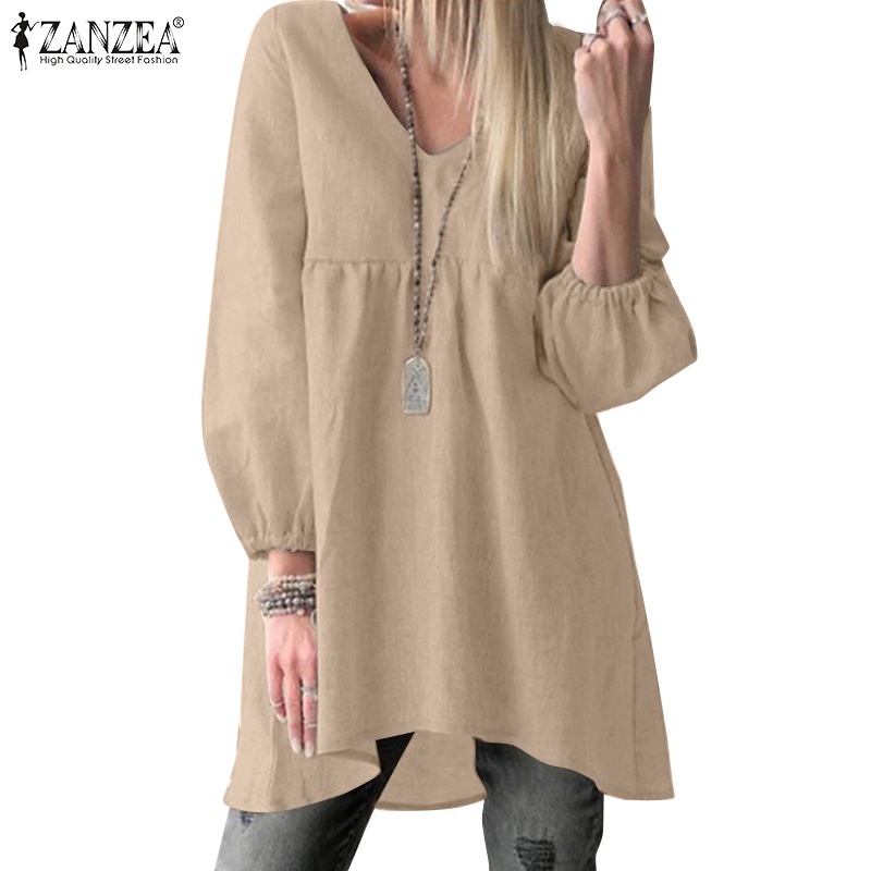 Áo ZANZEA tay phồng cổ chữ v màu trơn thời trang cho nữ